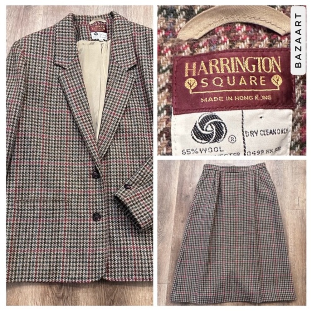 Vtg Harrington Tweed Wool Blazer‎ Skirt Suit Pockets Jacket Size 12 Plaid 70s￼￼